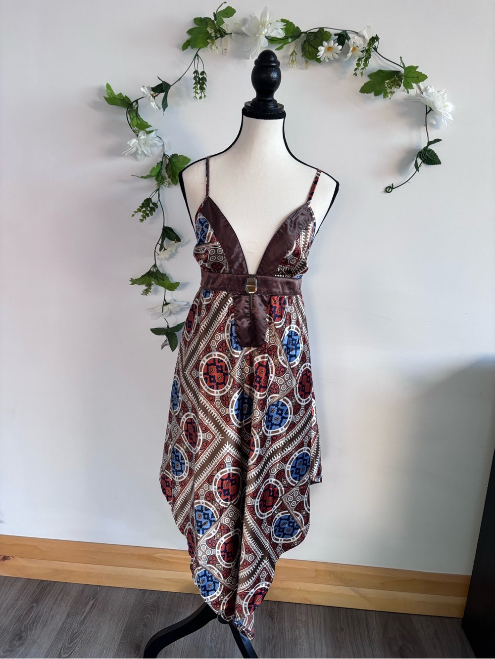 Costa Blanca Geometric Print Asymmetrical Flowy Sundress in Blue, Red & Brown SM